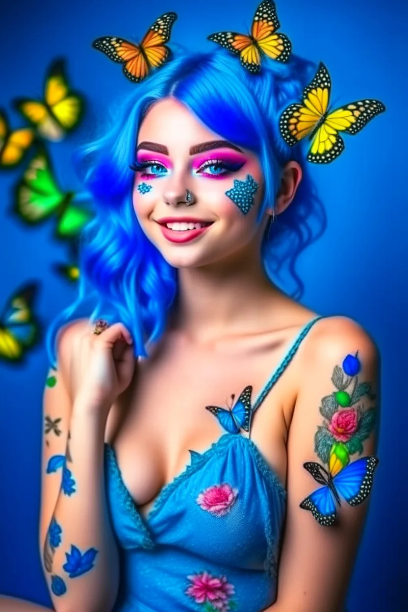 A very beautiful girl wearing nude makeup, smiling, with blue hair and flowers, wearing a dress of butterflies hd