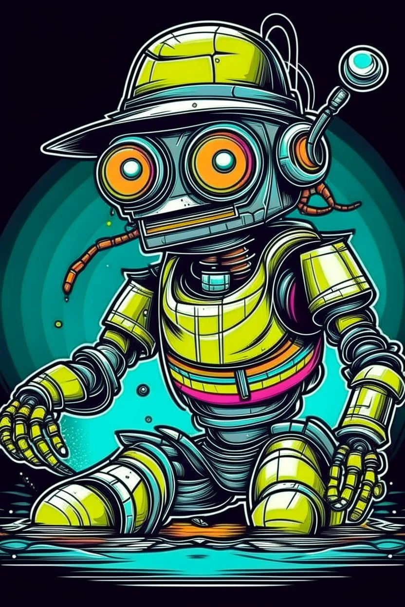 ROBOT FISHING wearing sunglasses, Style: NEW, Mood: Groovy, T-shirt design graphic, vector, contour, WITH background.