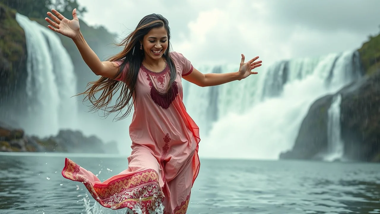 Hyper Realistic Photographic View Of A Beautiful Pashto Woman With Long Brown Wet Hair Wearing A Pink Frock And Maroon Embroidery Happily Jumping On A River Water And Enjoying Rain With A Beautiful Waterfall And Cloudy Weather At Heavy Rainfall Showing Dramatic And Cinematic Ambiance.