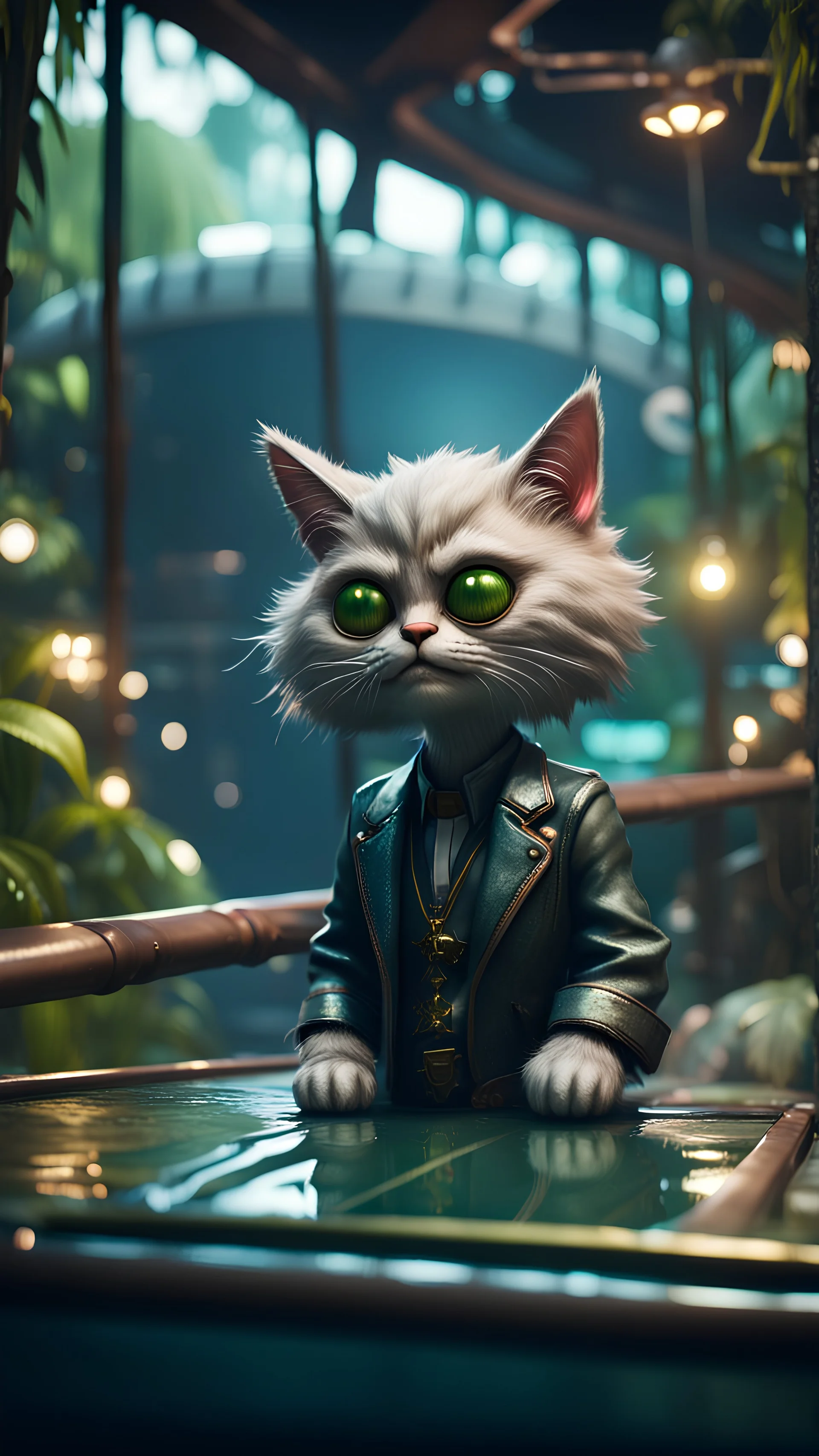 photo model furry hairy pimp rocker priest alien cat on boat bridge over water slide in dark lit reflective wet jungle metallic hall dome hotel tunnel, in the style of fallout 4 game,bokeh like f/0.8, tilt-shift lens 8k, high detail, smooth render, down-light, unreal engine, prize winning