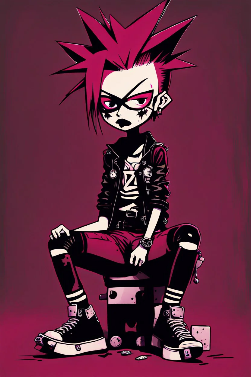 Punk girl, sit pose, darkred tones, style Invader Zim,