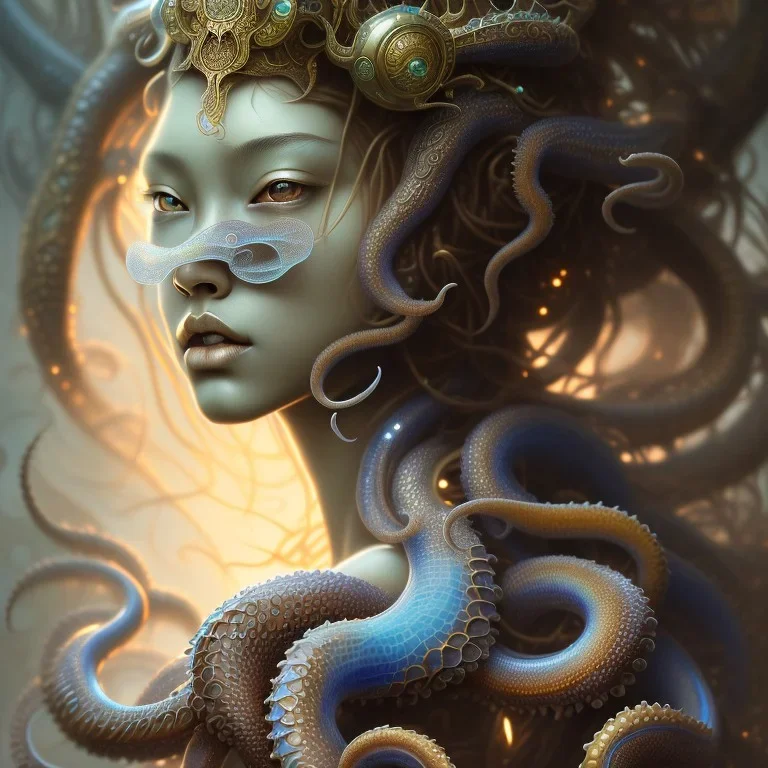 Sango fantasy, fantasy magic, intricate, sharp focus, illustration, highly detailed, digital painting, concept art, matte, art germ and Paul Lewin and Kehinde Wiley, masterpiece Indonesian lady head bronze octopus Asian African girl nice breast Thai hair turquoise silver blue waves