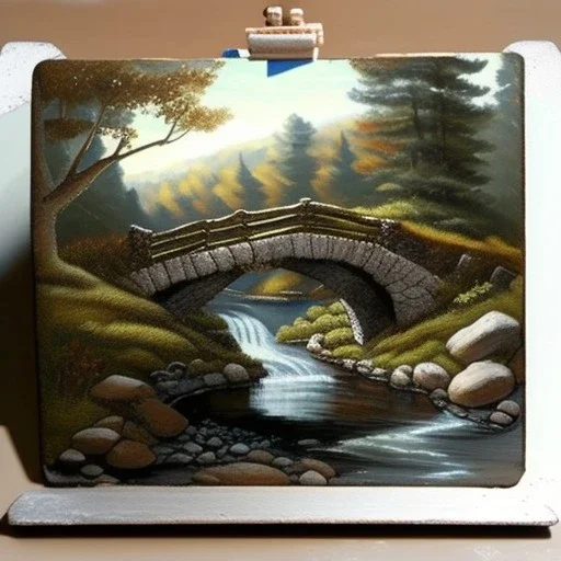 an artist sits next to a little stone bridge, painter's palette, easel, brook, highly detailed, smooth colours