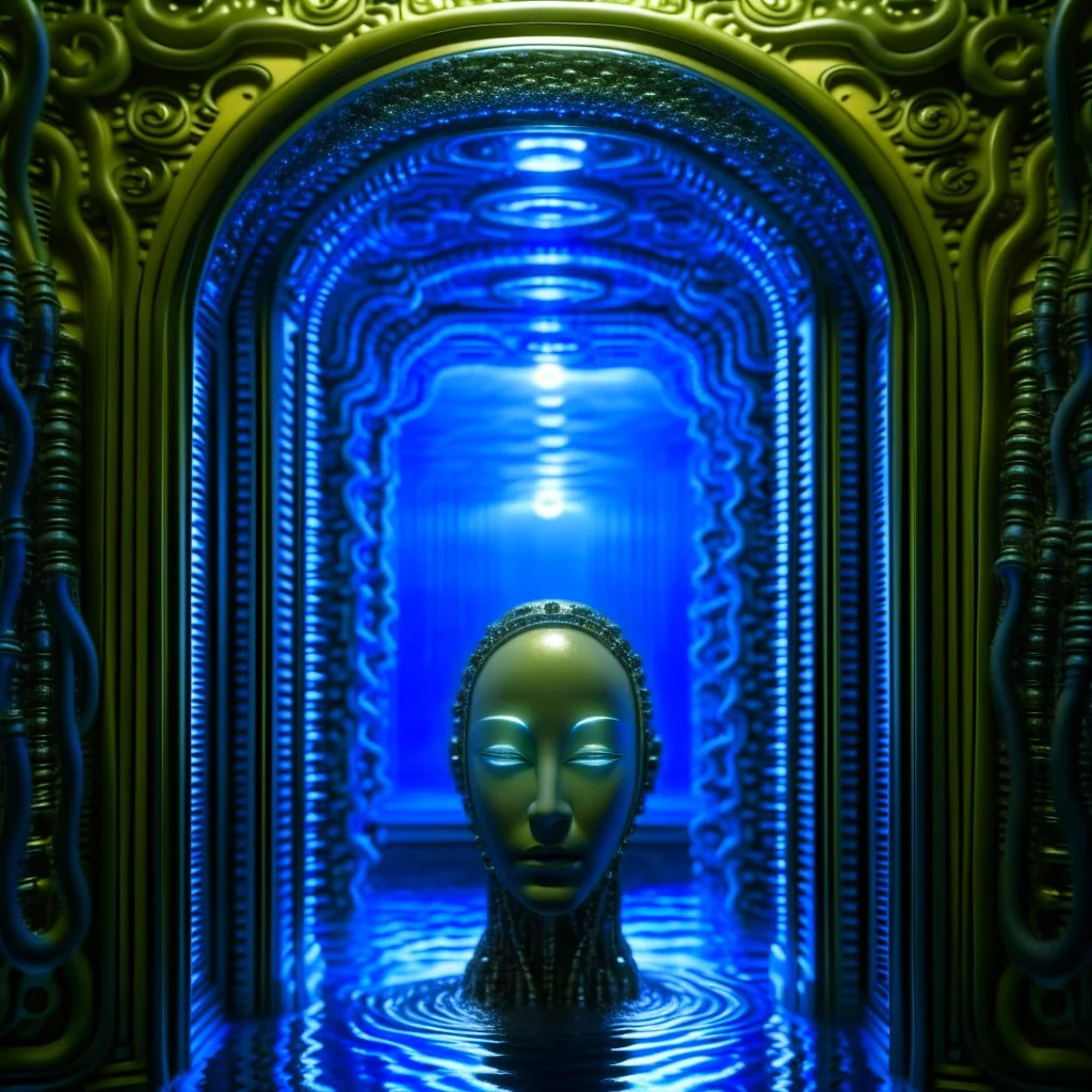 portrait of transparent chat robot in the style of giger, in front of teleporter portal to the sea in an underground grove, in the style of dali, 8k, down-light, soft light, depth of field, photo realism, trending on art station, high detail