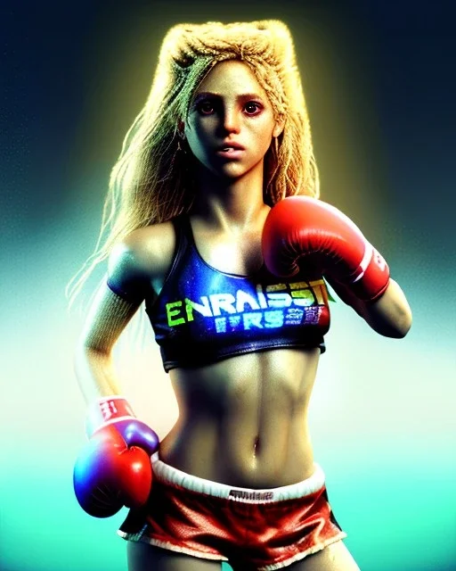 portrait, Shakira, blonde artist, angry, Realistic image, boxing robe, hoodie, mouthguard, nose, band aid, loose long hair, eyes make up, perfect, glow, circle iris. Rain, fog, Neon colors, leds. Dark background, photo studio, neon lights. concept art, smooth, unreal engine 5, god lights, ray tracing, RTX, lumen lighting, ultra detail, volumetric lighting, 3d, finely drawn, high definition, 4k.