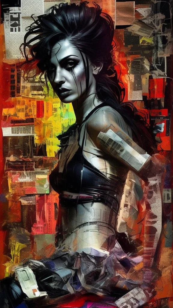 Russ Mills, byroglyphics style art, backdrop, mixed media, broad energetic brushstrokes, palette knife, chaotic collage, cardboard, newspaper, torn paper, gauze, broken glass, graphic image, vibrant natural color, intensely passionate, full body, eerie, slim Goth punk woman with long braided hair of Spanish and Lebanese heritage, beauty in chaos