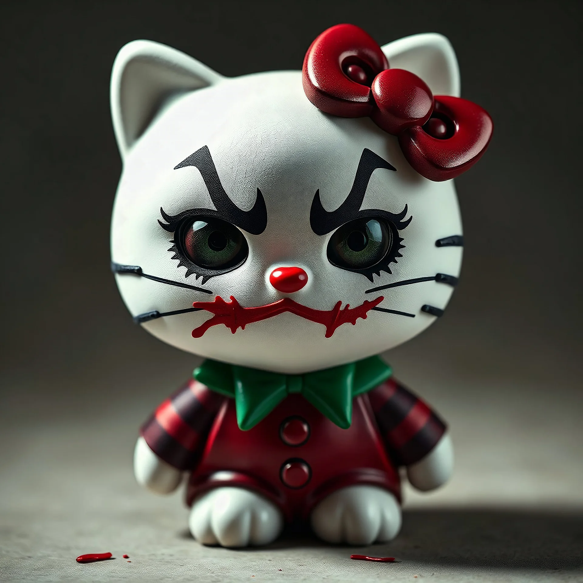 hello kitty with joker's make-up smeared lipstick; menacing gaze; creepy