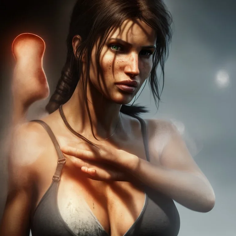 portrait beautiful lara croft,big breast, background fog, volumetric lighting, particals, intricate detail,realistc, close up,