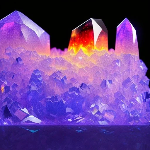 photograph of a (one massive colorful crystal:1.2) growing out of the rocky mountain, (focus on crystal:1.2), 4k, 8k, (highly detailed), ((landscape)),(translucent crystal:1.1), light going trough the crystal, bokeh, chromatic aberration, mountain view, blue and pink background