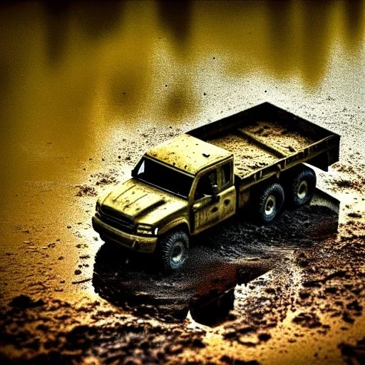 photorealistic shot, muddy military toy truck, monotone color palette, sharp focus, puddle reflection, tire water splash, refraction, mist on the horizon, shadowcast, detailed and intricate, cinematic composition, micro, tilt shift photography