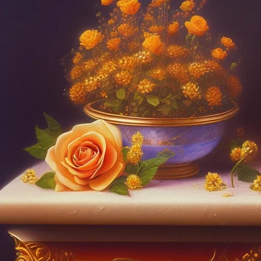 a dreamy yet sorrowful oil painting of a detailed golden crown next to a red rose on a bench in a flower garden