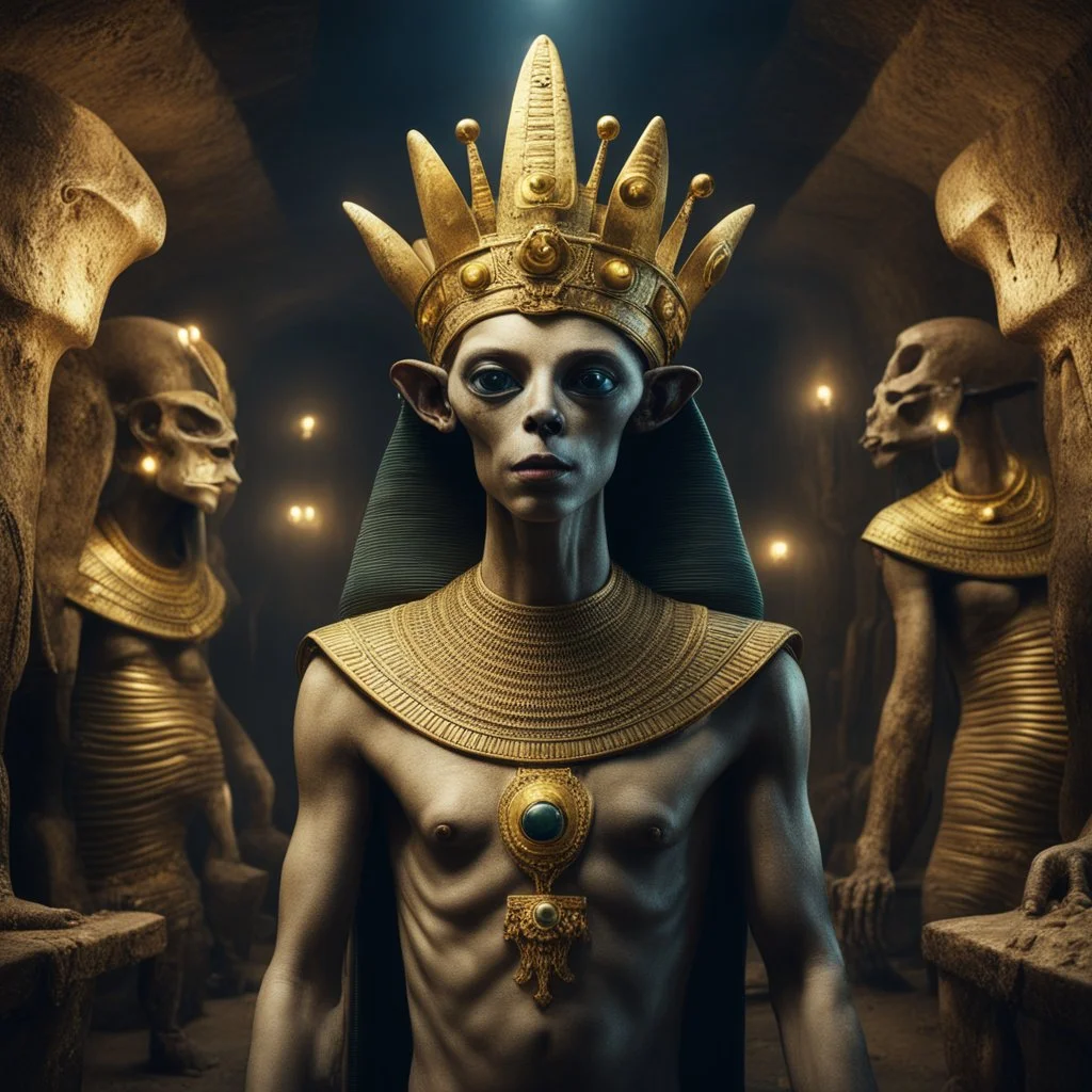 Hyper Realistic aliens wearing crown inside Egyptian catacombs with lots of gold at dark night