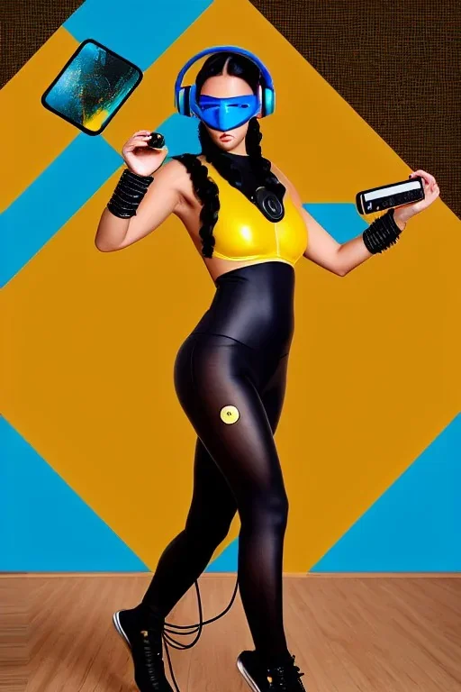 Realistic photograph. Geometric 3D tiling on the background, woman, Whip. Bronze color Yellow Black Cyan. Cyber-punk full-mask. AKG headphones, golden rings & disc. Selfie both hands. Lightly armored, electronic circuit. Thick tights. Thick calves. Curved fell. Wide hip. Flat belly. Ancient artifact cables between. Perfect body. Matrix movie clothes, Silver leather area, tippet, latex. Wicked sneakers. Daft Punk helmet, Tron Movie. Egyptian Haute Couture. 1990's. Light comes from right