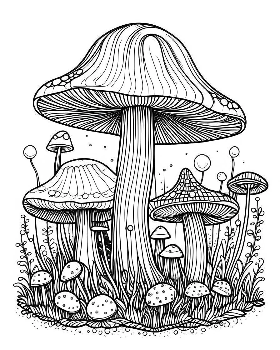 mushroom world minimalistic landscape. line art, background, vector, svg, coloring book page style, black outline on white background