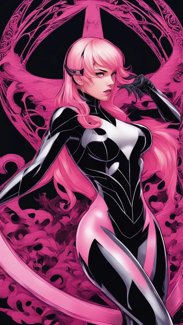 A close picture to Mix between gwenpool and symbiote, symbiote venom in background, pink and black custom, intricate details, highly detailedin in solo leveling shadow art style