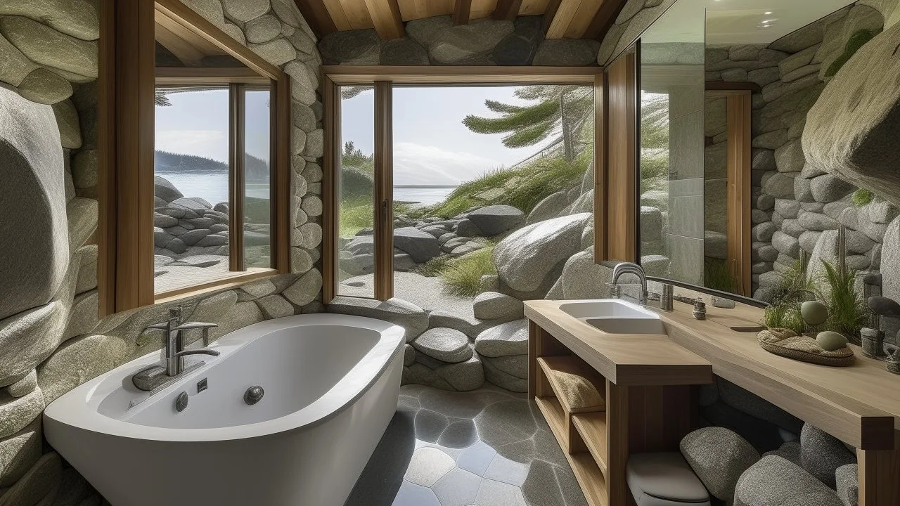 Bathroom with organic design that blends with the rocky surroundings at the water's edge