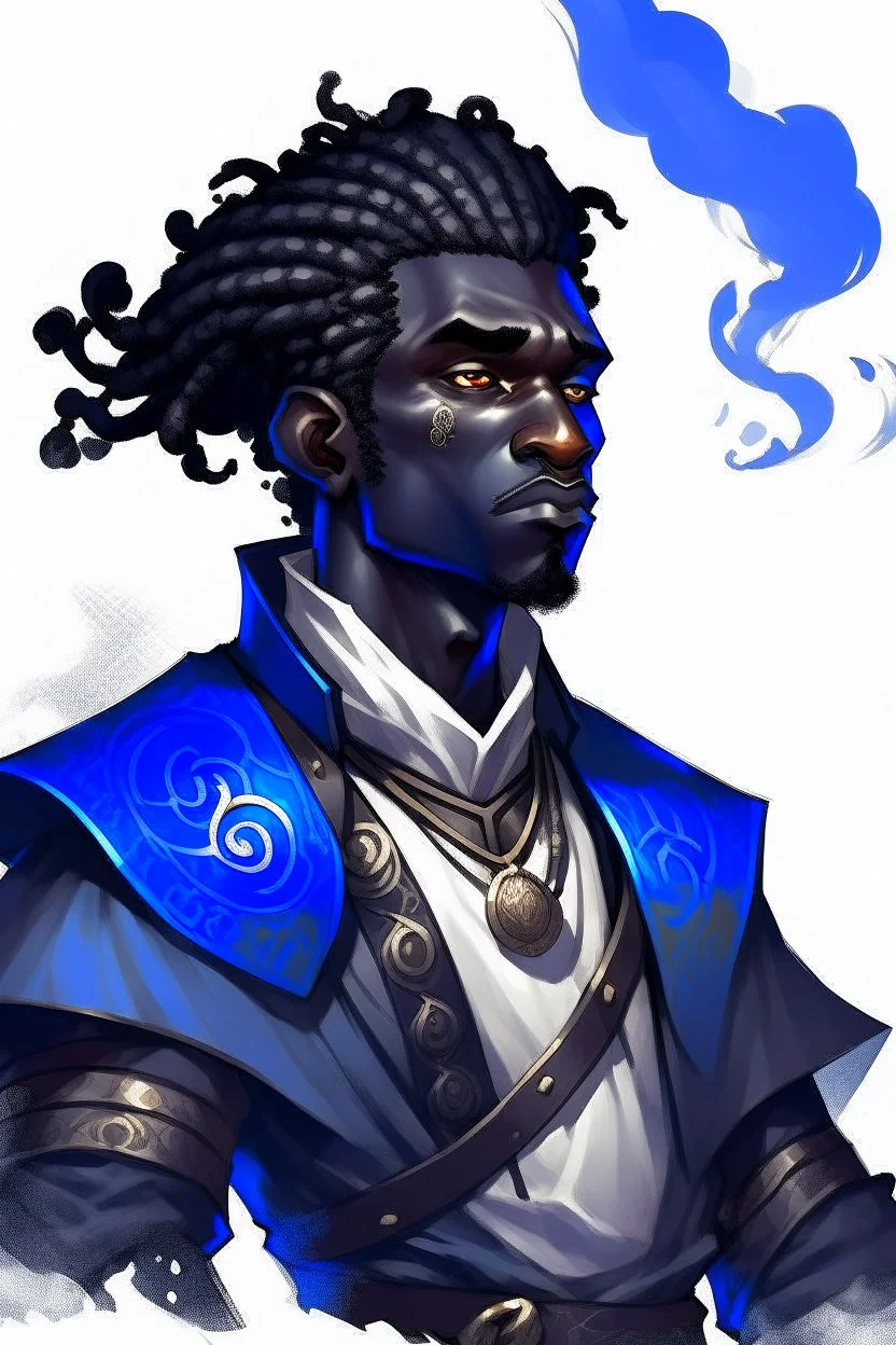 A young male Air genasi fra d&d with black skin smoke some hair