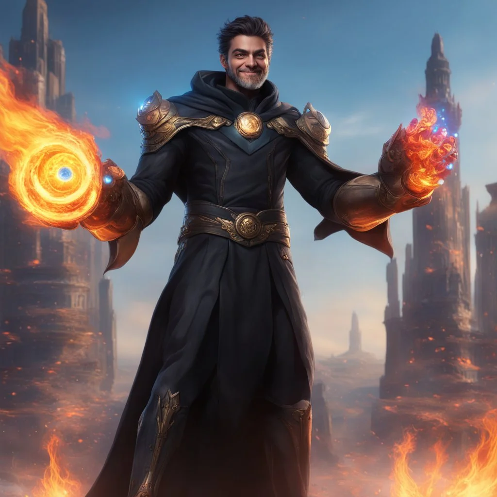 A 25 years boy persian in matte black robes with flaming eyes with grin with flaming light blue pupils stands atop a squire Two infinity gauntlets contain six infinity stones, one of which is made with nano In the hands of a powerful man walking While standing on a majestic height from afar