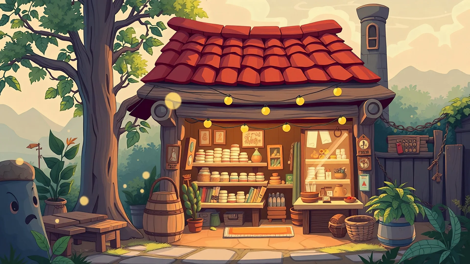 Make a shop near the village make it cartoon