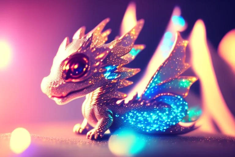 cute chibi anime little dragon, holographic, transparent sparkling crystal mountains in sunshine, ethereal, cinematic postprocessing, bokeh, dof