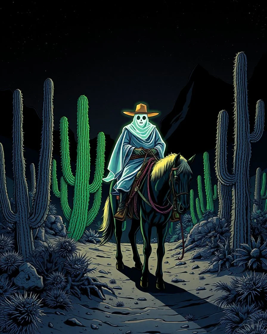 A dark detailed desert cactus-jungle, fluorescent ghost-cowboy on horseback, a dark detailed style guide by Moebius --no eyes --ar 4:5 --style raw --personalize 369x7uv --stylize 200 --v 6.1