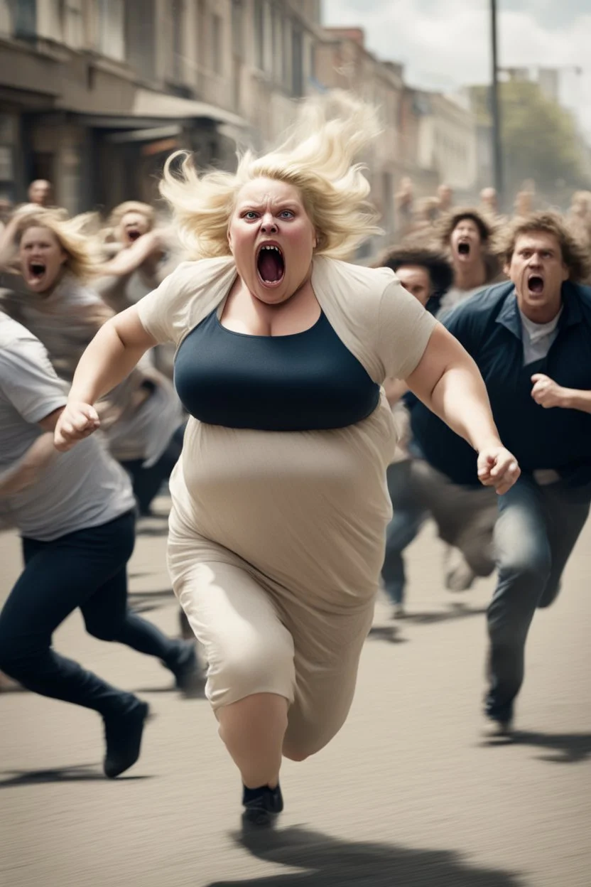 an obese terrified blonde woman running away from an angry mob chasing her