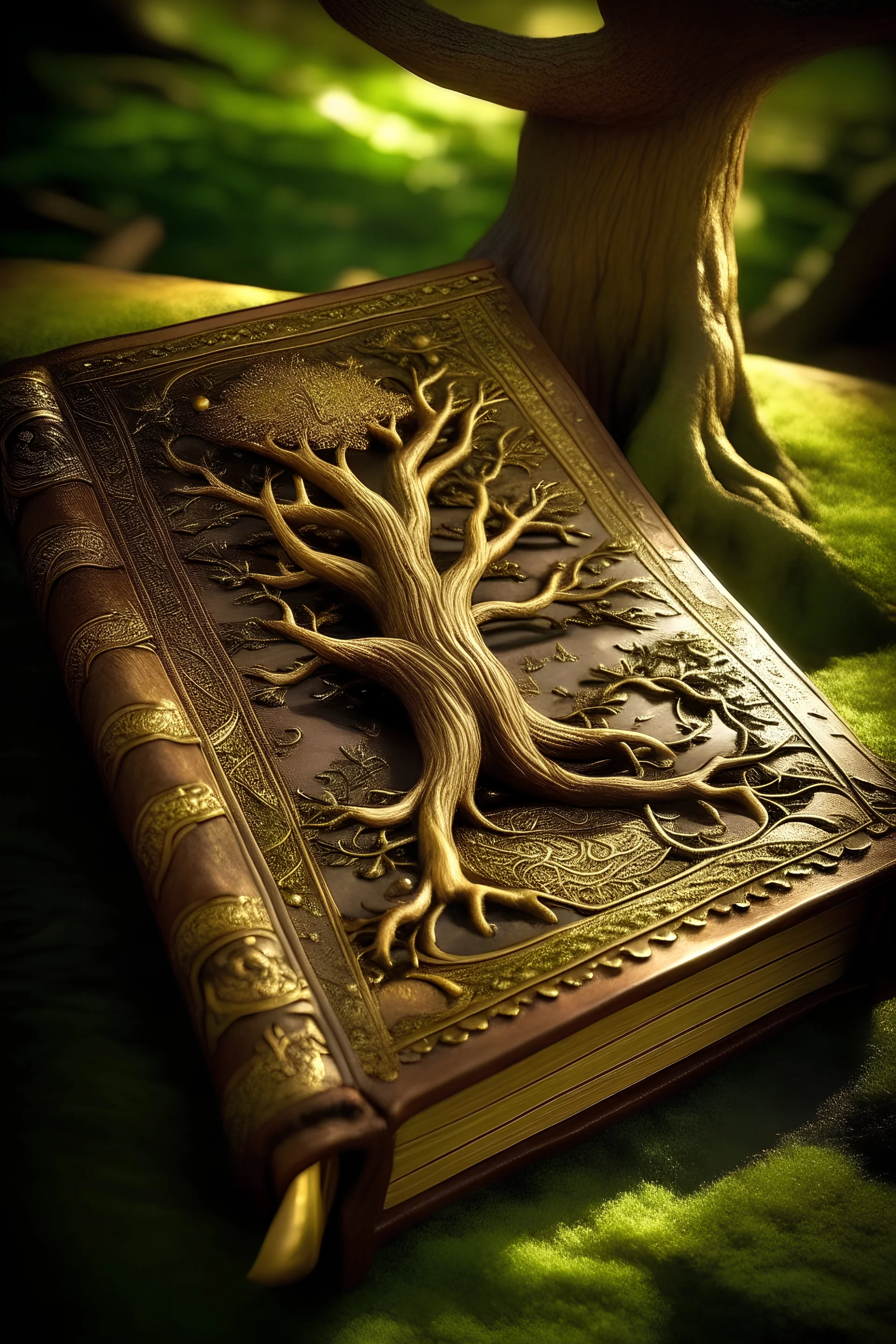 Enchanted book: imagine an old, leather-bound book with ornate, golden lettering. it lies open beneath the mystical "birdnasha tree, " and the pages seem to shimmer with hidden secrets.