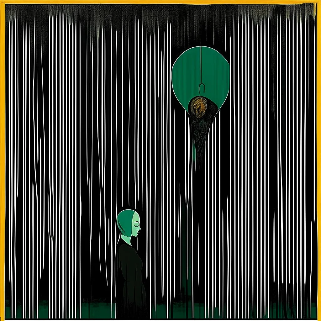 Negotiating dream frequencies culvimating in a fetal absurdity, by Gabriel Pacheco, by Colin McCahon, ink illustration, Green and black color scheme, unsettling abstract art, art nouveau