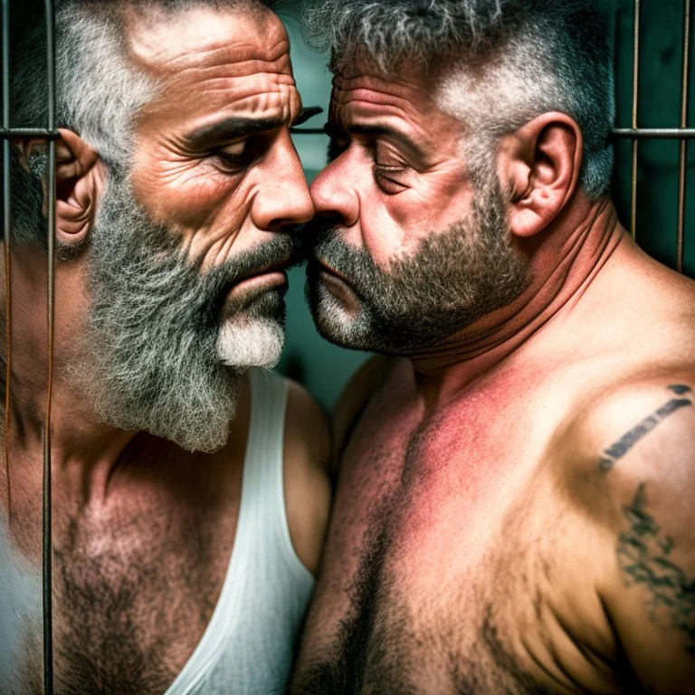 extreme close up photo of two italian prisoners in tank top 40 years old kissing in prison behind bars, chubby, dirty, ugly, bullneck, muscular, short beard, long hairs, manly chest, misery and poverty, emotive eyes, photo 35mm lens, side view, photorealistic, ultradetailed