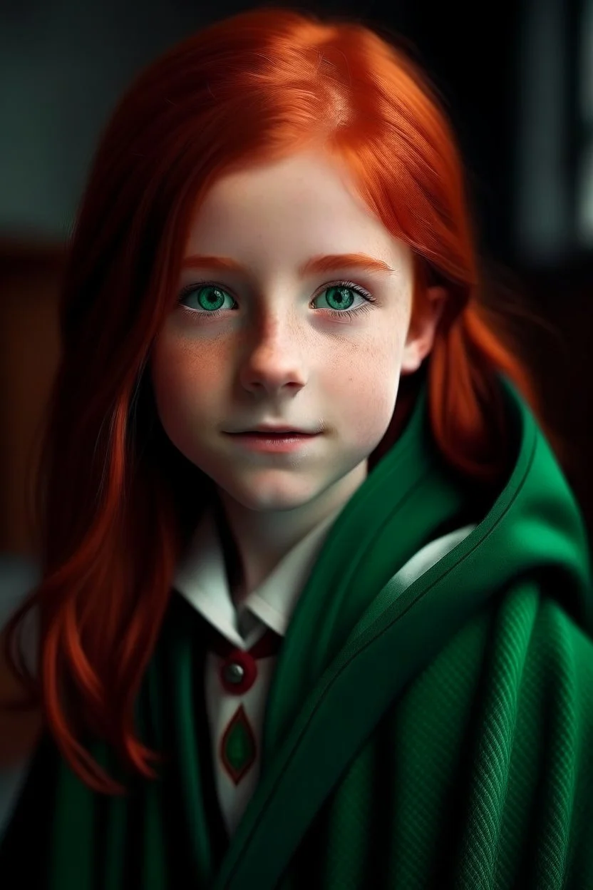 A cute girl with red hair and green eyes and she is wearing a hogwarts robe