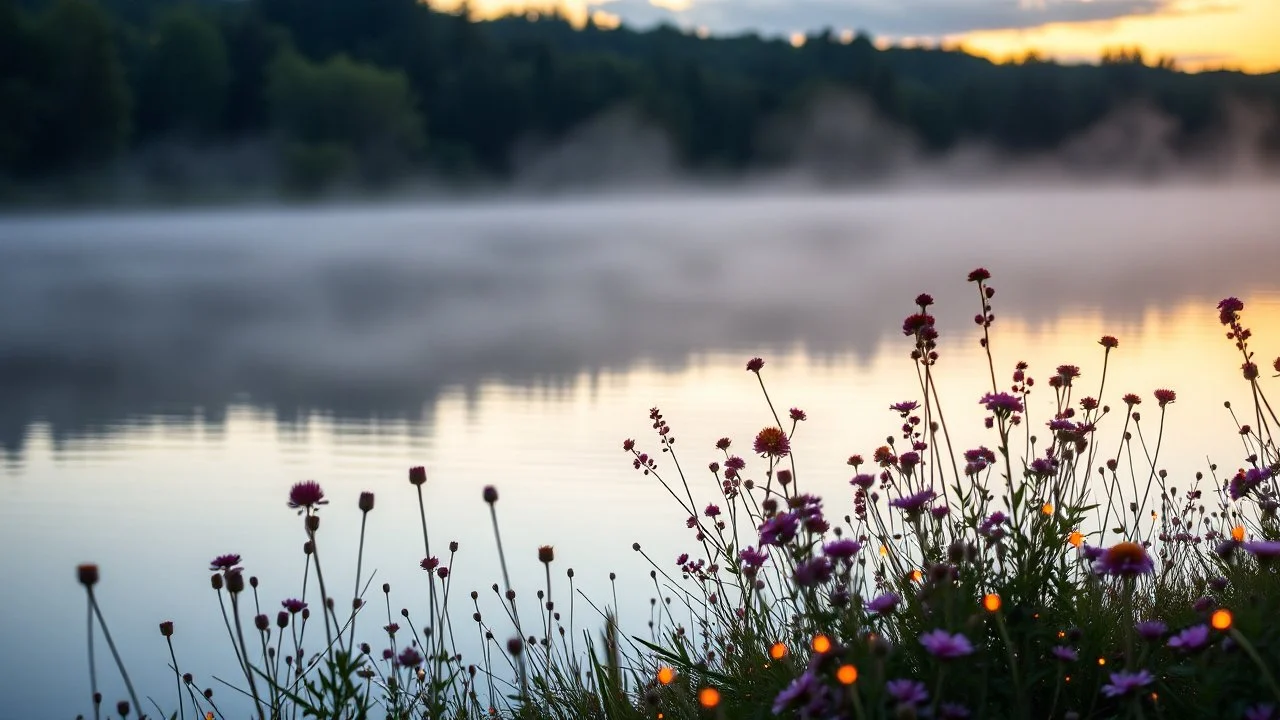 A serene lakeside at dawn with mist rising from the water, surrounded by blooming wildflowers and softly glowing fireflies. Photographic quality and detail, award-winning image, beautiful composition.