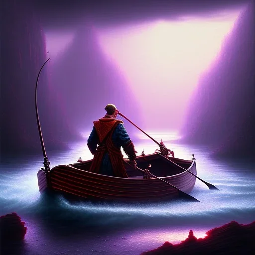 Charon the ferryman in his boat on the river Styx, red black purple colours, 8k, high definition, fantasy art, winding river, sharp jagged rocks, high contrast colours, sharp colours