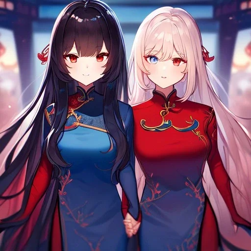 Clear focus,High resolution, 2girls, black long hair, Vibrant red eyes, Emo style, Wearing a Chinese Traditional dress, The other girl has Black, and blue eyes, kawaii style, wearing a Chinese Traditional dress, Holding hands