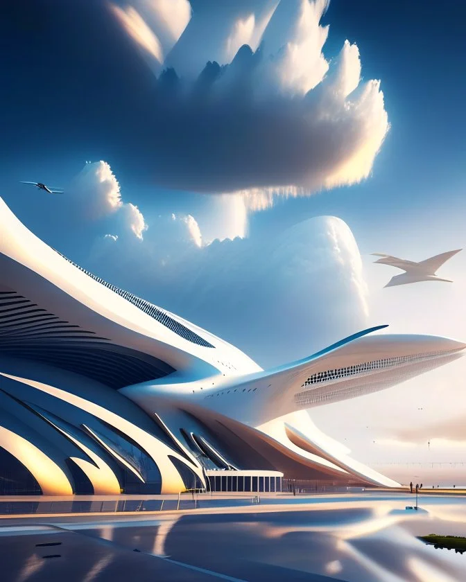 Airport architecture Zaha Hadid airplanes summer weather clouds hyper realistic 8k