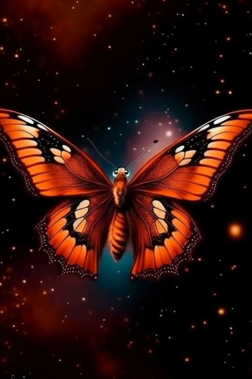 A luminous brown butterfly in a galaxy in space