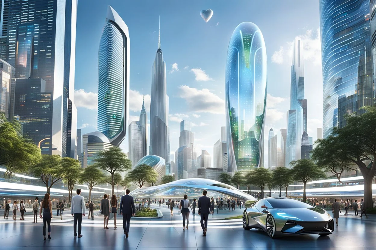 A futuristic scene depicting the bustling heart of a 2080 city center. The foreground features a diverse array of photorealistic individuals engaged with innovative, tech-enhanced elements - holographic displays, autonomous transportation, immersive public art. In the background, a panoramic vista of the larger city skyline - towering organic skyscrapers, elevated transit, verdant green spaces. Convey a sense of scale, depth and awe-inspiring technological wond