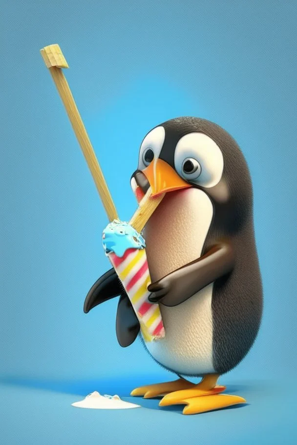 Cartoon character penguin eating ice cream lolly stick