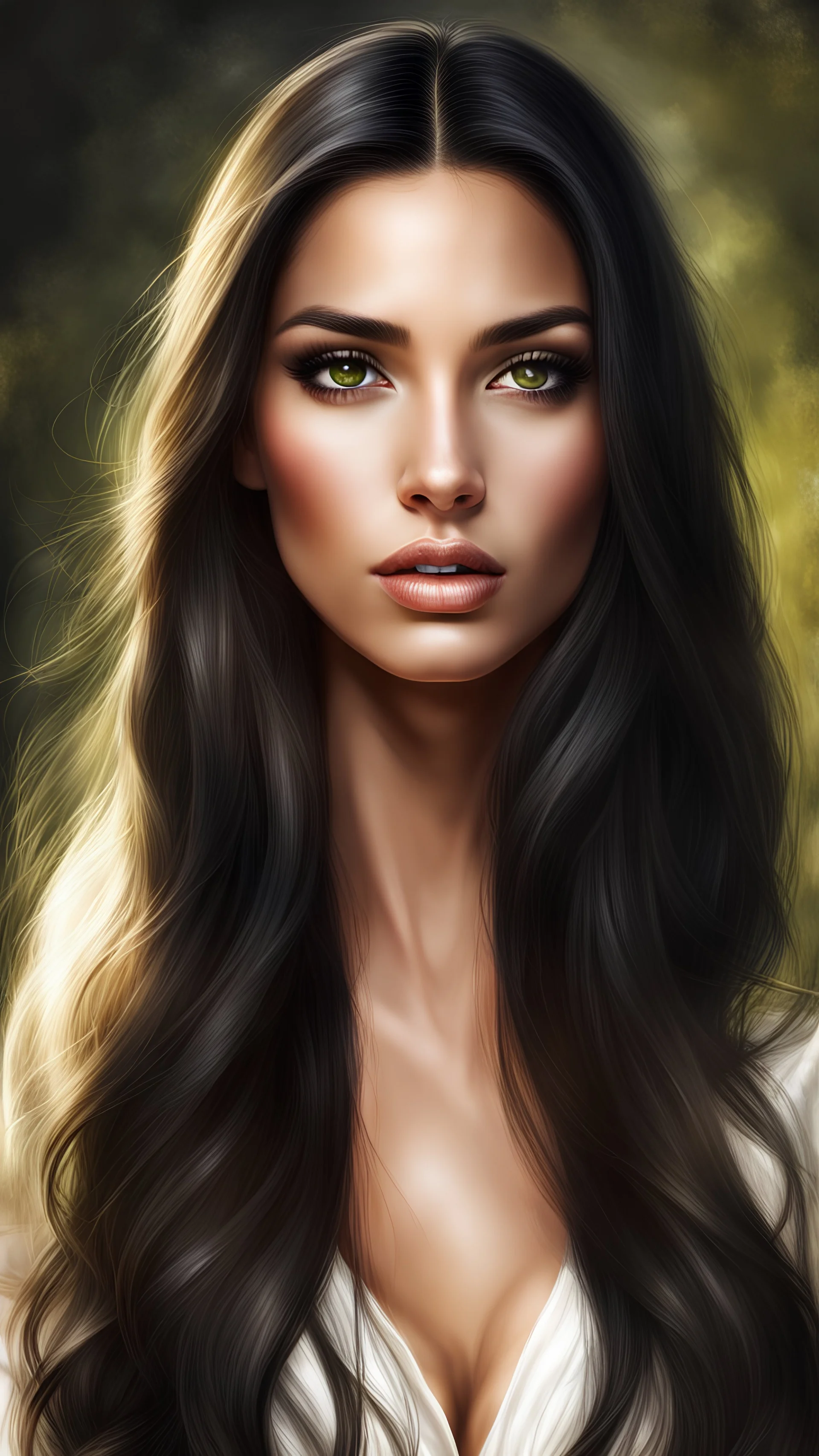 Portrait of an Olive skinned beautiful woman with long dark hair, photorealistic, fantasy