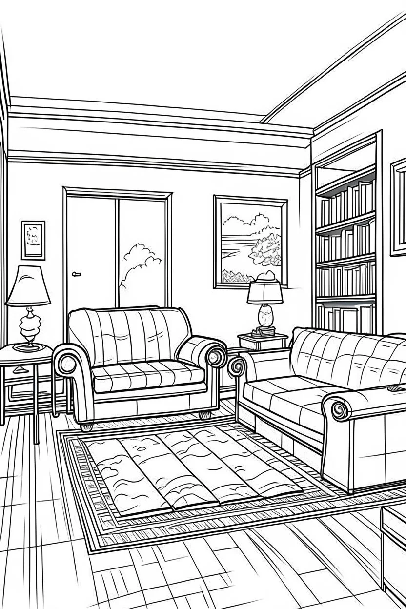 Outline art, simpl House interior design, sofa chair, cartoon style, thick lines, low details, --ar 9:11