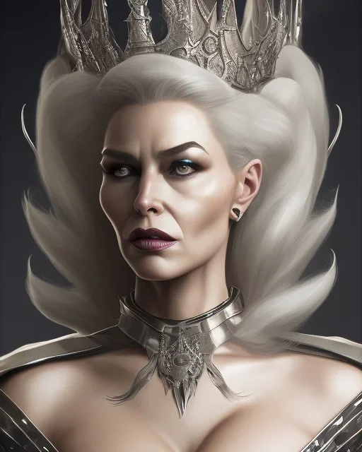 old evil queen in black leather gown, femme fatale, volouptous, busty, cleavage, angry, emperious, 8k resolution concept art portrait by Greg Rutkowski,