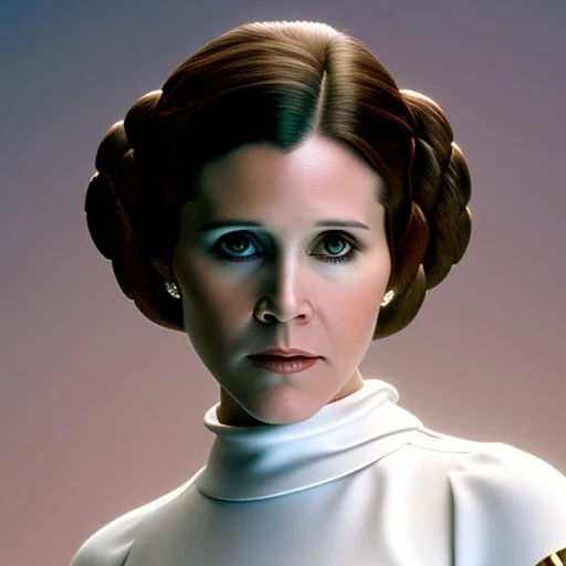 wide angle stunning photo realistic portrait of carrie fisher as Princess Leia in star wars with photo realistic fine and very simple hairstyle, brown eyes, eos5d mark 4, ef 85mm 5.6, professional majestic photo realistic painting by Ed Blinkey, Atey Ghailan, by Jeremy Mann, Greg Manchess, Antonio Moro, trending on ArtStation, Intricate, High Detail, Sharp focus, dramatic, by greg rutkowski, realism, beautiful and detailed lighting,