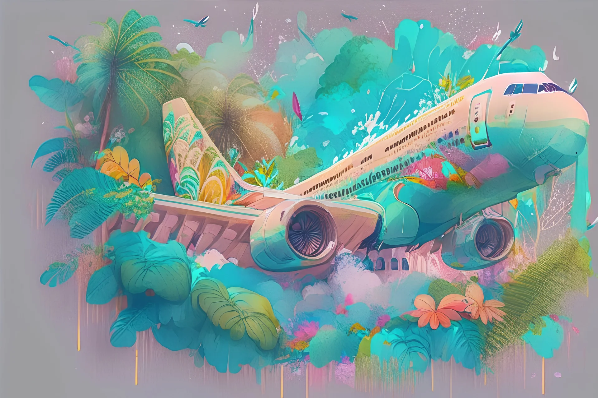 A detailed illustration Jumbo Jet 747 fly with tropical rainforest, t-shirt design, flowers splash, t-shirt design, in the style of Studio Ghibli, pastel tetradic colors, 3D vector art, cute and eccentric, fantasy art, watercolor effect, bokeh, Adobe Illustrator, hand-drawn, digital painting, low-poly, soft lighting, bird's-eye view, isometric style, retro aesthetic, focused on the character, 4K resolution, photorealistic rendering, using Cinema 4D