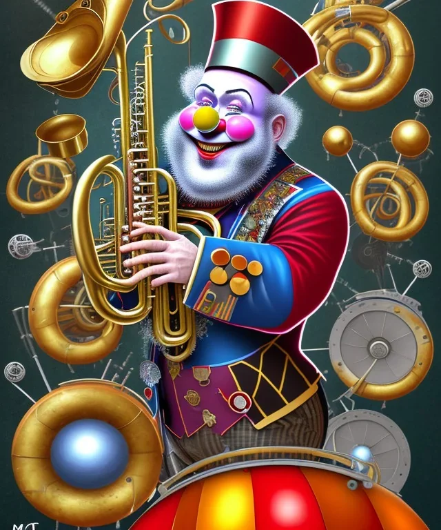 mechanoid happy old friendly fat clown with trimmed beard playing jazz with a steampunk theme, trumpet, realistic