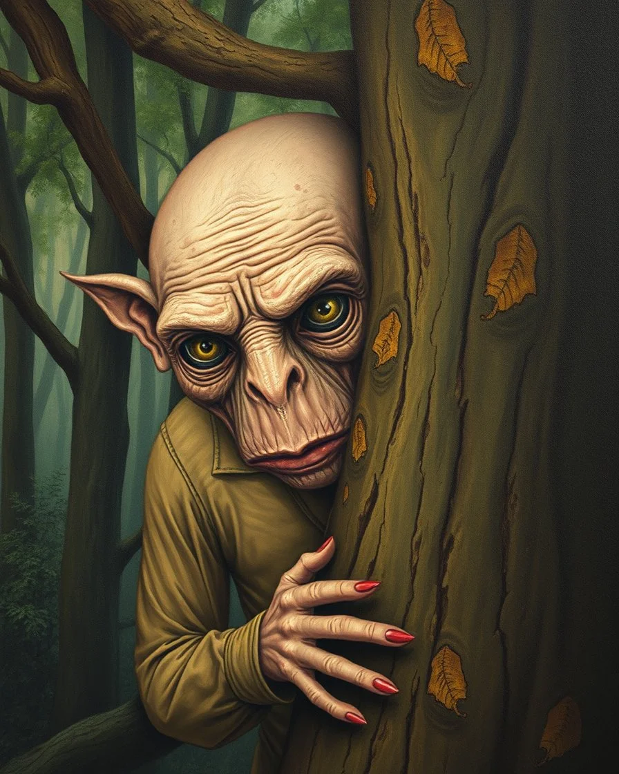 Bosch painting style , a strange looking creature hiding behind a tree , showing half of his body and face from behind the tree
