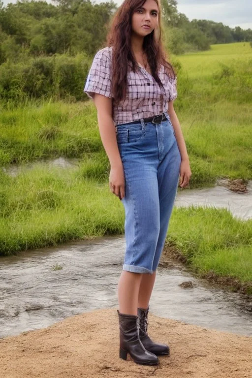 full body shot of a pretty woman, dressed in shirt, full body portrait, nice perfect face with perfect face, hyper realistic concept, 8k resolution, photography quality, posing for a photo, photo realistic, standing in country side with a small river,nice cloudy sky