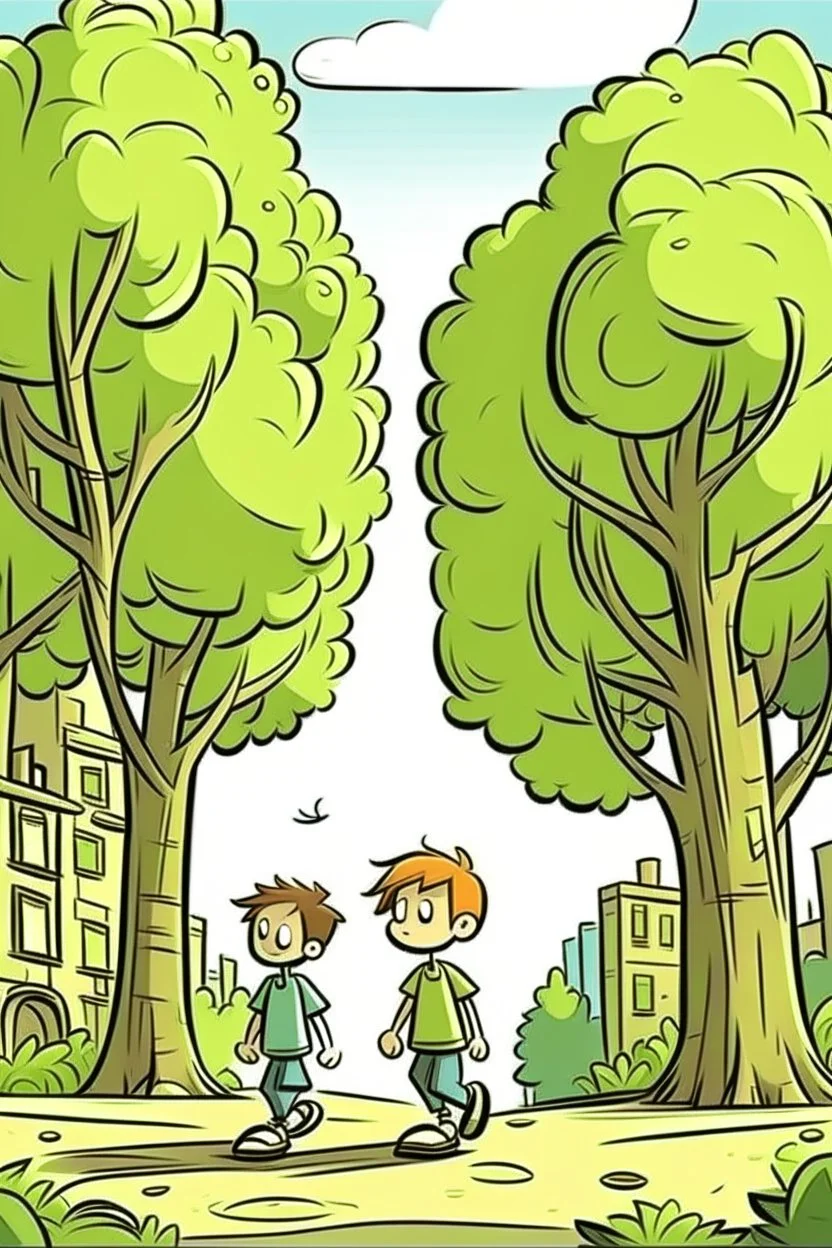 city trees old and boy walk cartoon