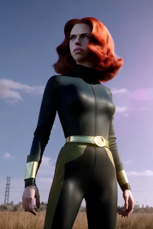 retro portrait image from 1960, sky background, wind, long red hair, fighting stance, sweet young Scarlett Johansson, black dress, classic long tight lycra black suit, gold bracelet and belt, high heel boots, superhero style, soft color, highly detailed, unreal engine 5, ray tracing, RTX, lumen lighting, ultra detail, volumetric lighting, 3d, finely drawn, high definition, high resolution.