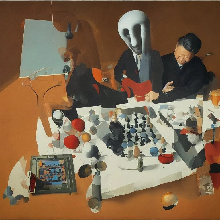 Putin, President Xi Of China And Joe Biden Play Chess With A Pigeon,Ufo And Atomic Bomb Mushroom Cloud,Complex Surgical Instruments Intermixed With A Newborn Boy,Minimalism,Painting By Adrian Ghenie,Rene Magritte,Pablo Picasso,Michelangelo,Salvador Dali,Lucian Freud