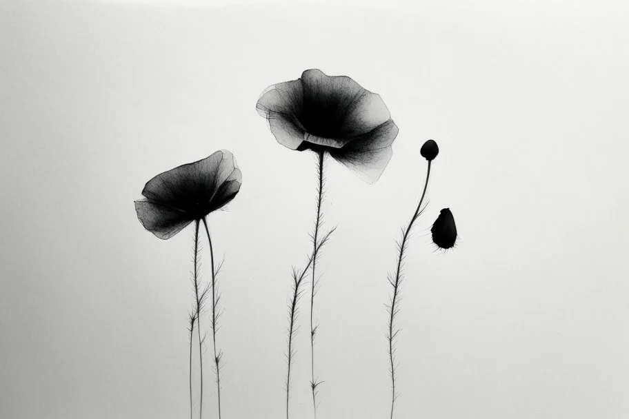Minimalist ink pencil and charcoal drawing of poppies