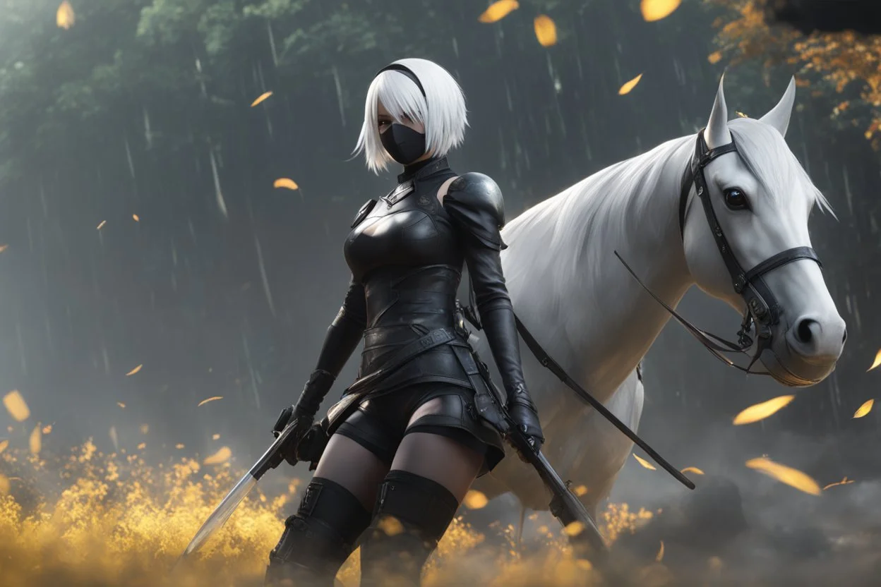 Hot 2B with mask in 8k nier automata artstyle, 2B them, 2B Custom, close picture, rain, fantasy world, intricate details, highly detailed, high details, detailed portrait, masterpiece,ultra detailed, ultra quality